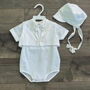 Vintage Haddad Brothers Christening Baptism Baby Boy Romper Bonnet Outfit